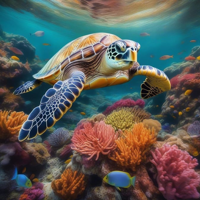 This stunning wallpaper features a sea turtle swimming in a vibrant coral reef, perfect for adding a touch of nature to your desktop or mobile device.