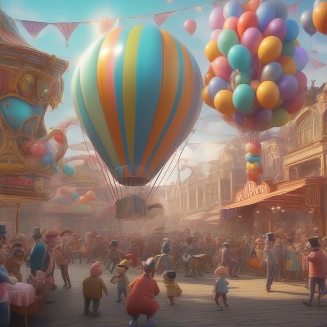 This vibrant wallpaper captures the joy and excitement of a carnival, with a hot air balloon soaring above a bustling crowd of people enjoying the festivities.