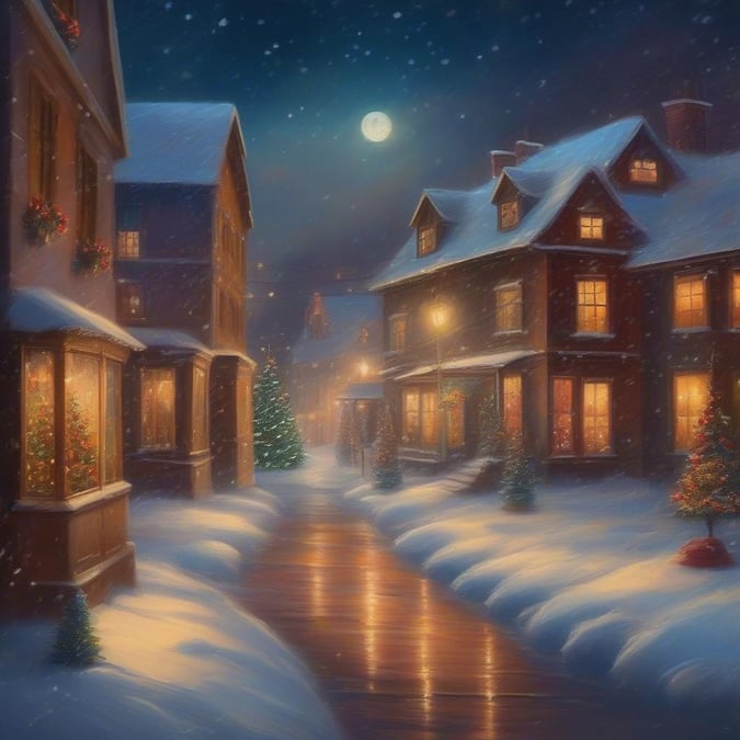 A picturesque village scene on a snowy night, with the moon shining brightly above.