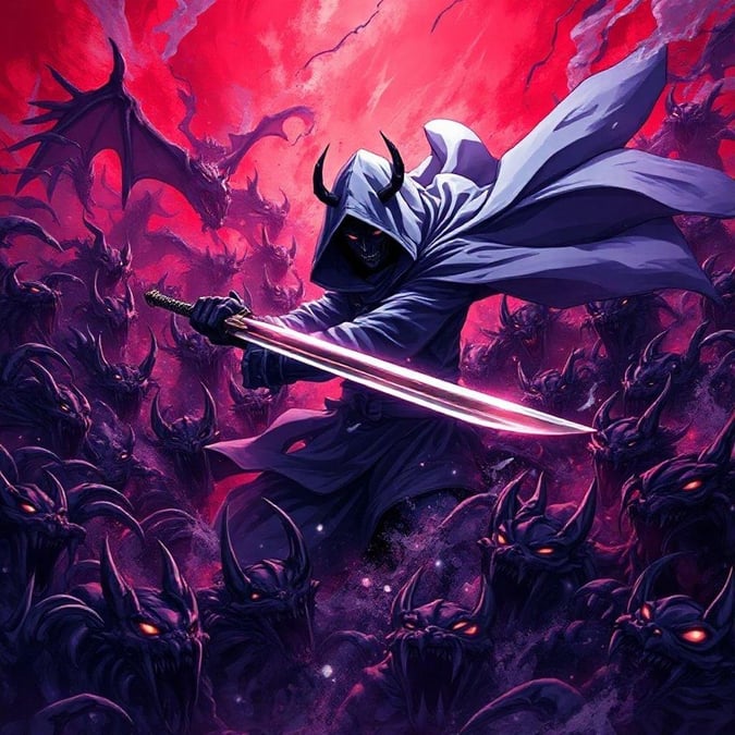 This anime wallpaper features a cloaked figure slicing through a crowd of demon-like creatures, creating an intense and dramatic scene.