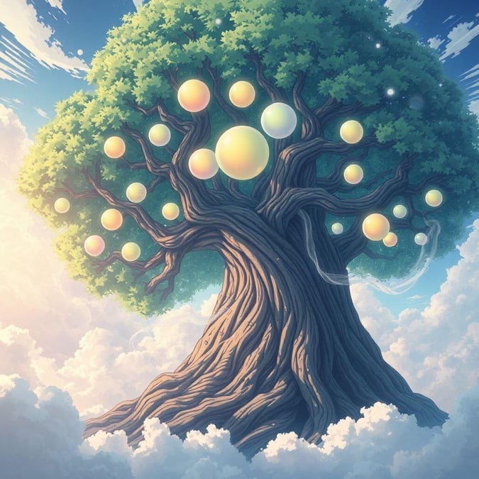 A majestic anime-style illustration of a giant tree with glowing orbs for branches, set against a backdrop of fluffy white clouds.