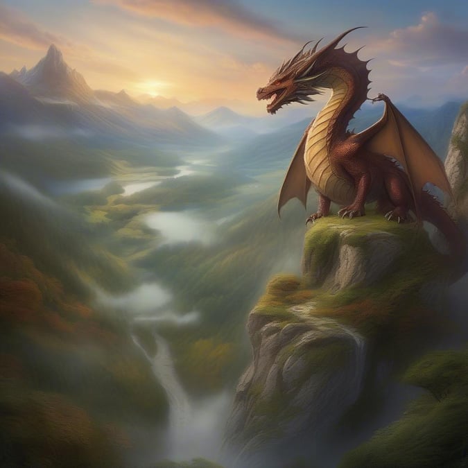 A majestic dragon perches on a cliff, gazing out at a misty valley and mountains in the distance.