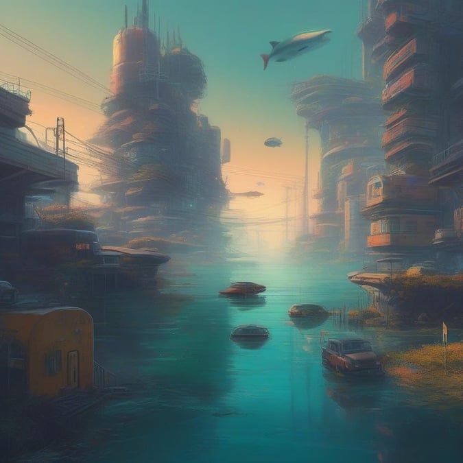 A futuristic underwater city with towering structures, bustling marine life, and a hint of sunset on the horizon.