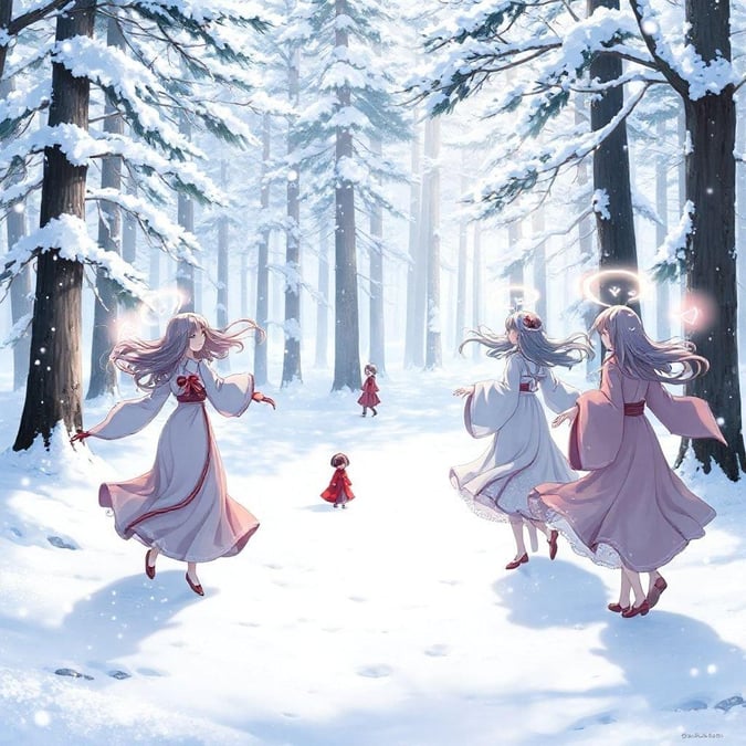 A cheerful scene set in a snowy forest where three yuki-onna spirits and their counterparts are enjoying a game of tag, with a little girl joining them. Amidst the pristine white snow and the tall trees adorned with fresh snowfall, this image captures the essence of winter fun and camaraderie.