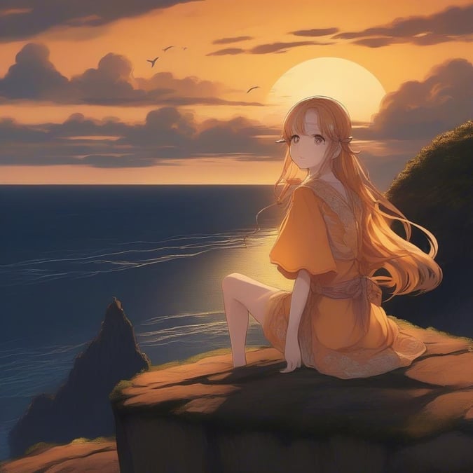 Dyk ned i den fredelige skønhed af en anime solnedgang, hvor en ung pige med en halvmåne på panden står på en klippe og kigger ud over havet. De varme orange og gule nuancer skaber en etereal atmosfære, perfekt til skrivebords- og mobilbaggrunde.