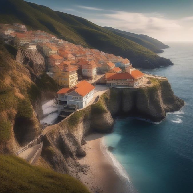 Discover the breathtaking view of a coastal village in California. This serene scene captures the charm of small towns nestled by the ocean, with buildings perched on cliffs overlooking the vast expanse of water. It's an idyllic landscape that invites relaxation and appreciation for nature's beauty.