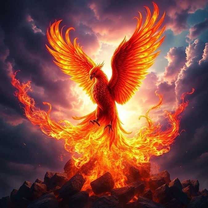 A majestic phoenix, the mythical creature that is reborn from its own ashes, depicted in a fiery scene. This wallpaper captures the essence of resilience and rebirth, perfect for fantasy enthusiasts.