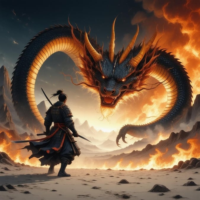 Step into a world of epic fantasy with this stunning anime wallpaper, where a samurai warrior faces off against a colossal serpent amidst a backdrop of flames.