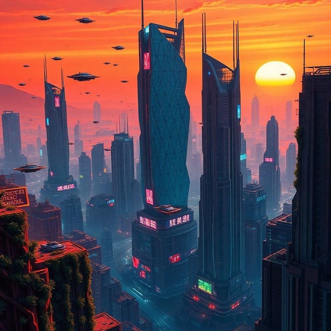 A city skyline during sunrise, with a futuristic design of buildings and neon lights. Hovercars are flying above the city, adding to the sci-fi ambiance.