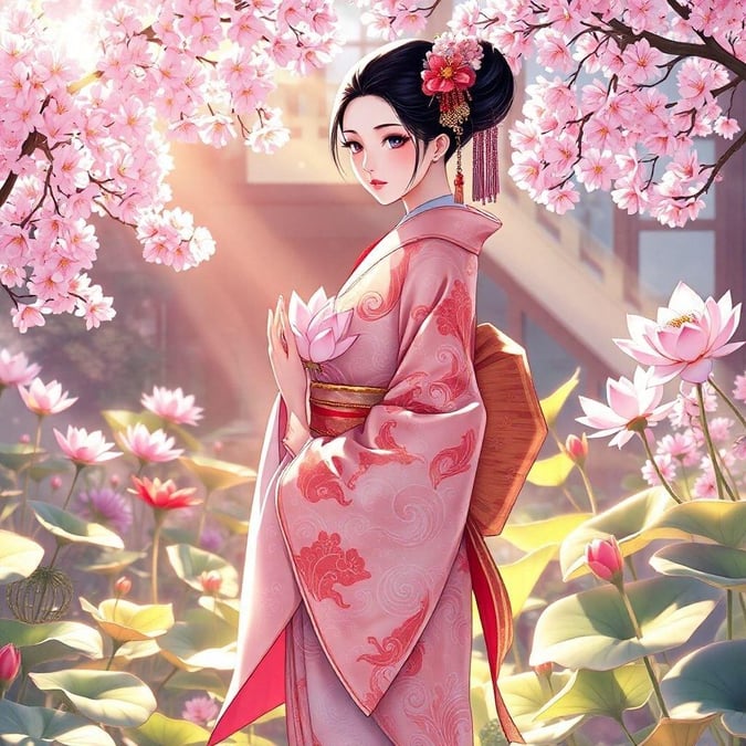 Step into a tranquil world with this anime-inspired digital illustration featuring a geisha's kimono amidst a serene garden, blending nature and technology in a harmonious balance.