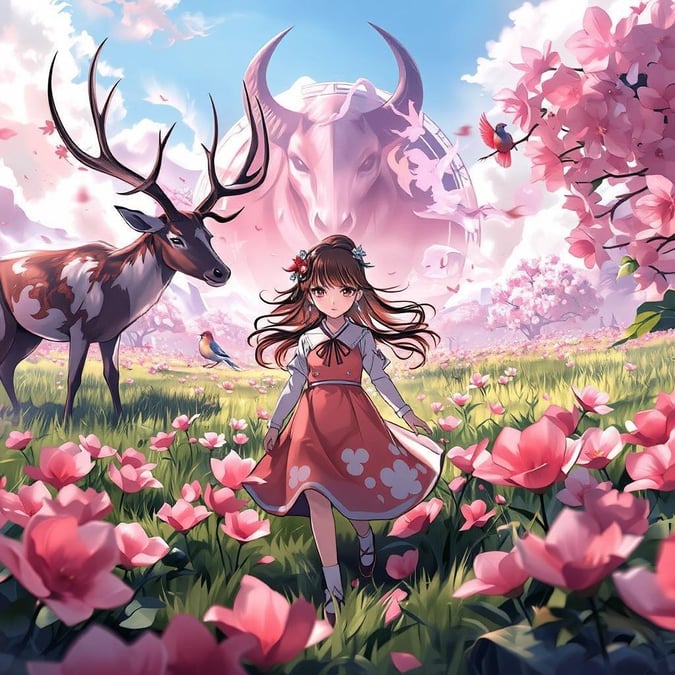 This beautiful anime illustration depicts a young girl walking through a field of giant sakura petals, surrounded by a mysterious creature in the background. The scene is a dreamlike vision, with a large part-stag on the left, a part-horse, and a small bird perched on it.