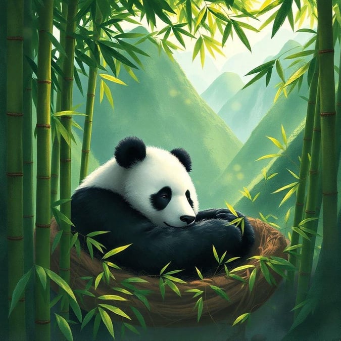 This wallpaper features an adorable panda cub, nestled among bamboo stalks. The serene scene captures the essence of life in a bamboo forest, with majestic mountains providing a stunning backdrop.