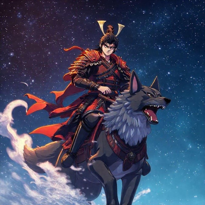 Un samouraï, vêtu d'une armure noire et rouge, se lance dans un voyage sous le ciel nocturne éclairé par la lune avec son fidèle compagnon loup. Leur lien est palpable alors qu'ils traversent ensemble le paysage serein.