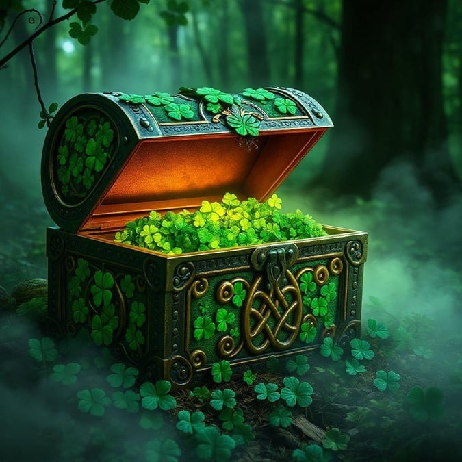 Uncover the magic of St. Patrick's Day with this enchanted treasure chest, filled with lucky four-leaf clovers and a pot of gold at the end of the rainbow.