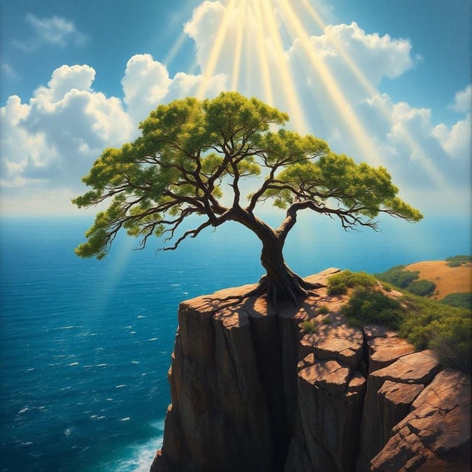 A single tree stands tall and resilient, its branches reaching towards the sun. The cliff it grows from is steep, but it continues to thrive, symbolizing strength and persistence.