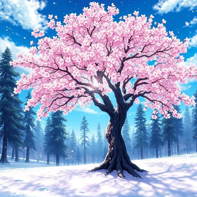 Immerse yourself in the serene beauty of this anime-style wallpaper, featuring a majestic cherry blossom tree standing tall amidst a snowy landscape. The tree's branches are adorned with delicate pink flowers, creating a breathtaking sight. The surrounding forest of tall trees adds depth and mystery to the scene, while the bright blue sky above brings a sense of calmness. This stunning image is perfect for desktop and mobile use, offering a unique and captivating visual experience.