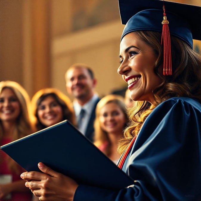 A joyful mother celebrates her daughter's graduation with a proud smile on her face.