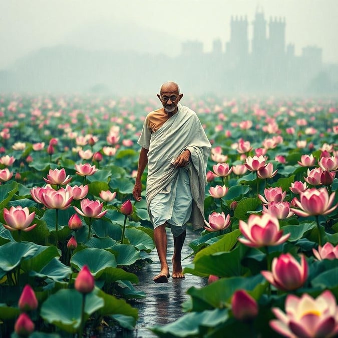 This serene image captures the enigmatic figure of Mahatma Gandhi, also known as the father of the nation, peacefully walking through a field blooming with lotus flowers. The atmosphere is one of tranquility and the setting contrasts the peaceful nature scene with an iconic historical figure.