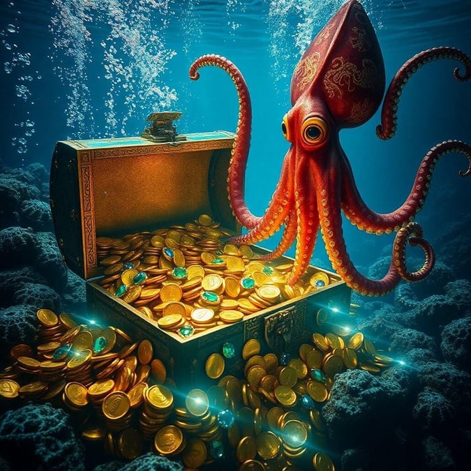 Dive into the depths of this underwater scene and discover a treasure trove of gold coins and jewels.