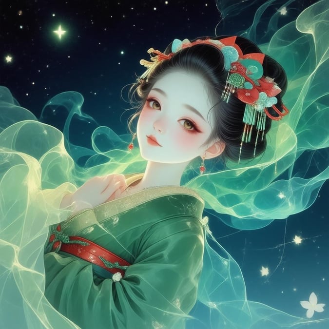 Immerse yourself in the tranquil beauty of this anime geisha floating in a serene night sky, where vibrant green and blue hues dance against the dark background, capturing a peaceful moment with its expressive eyes and mysterious expression.