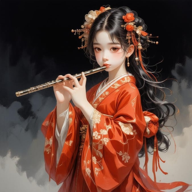 This anime-style wallpaper features a young girl in a stunning red and gold kimono, skillfully playing a flute. The dark background highlights the intricate details of her regal attire and the flute's design, creating a serene and captivating scene.