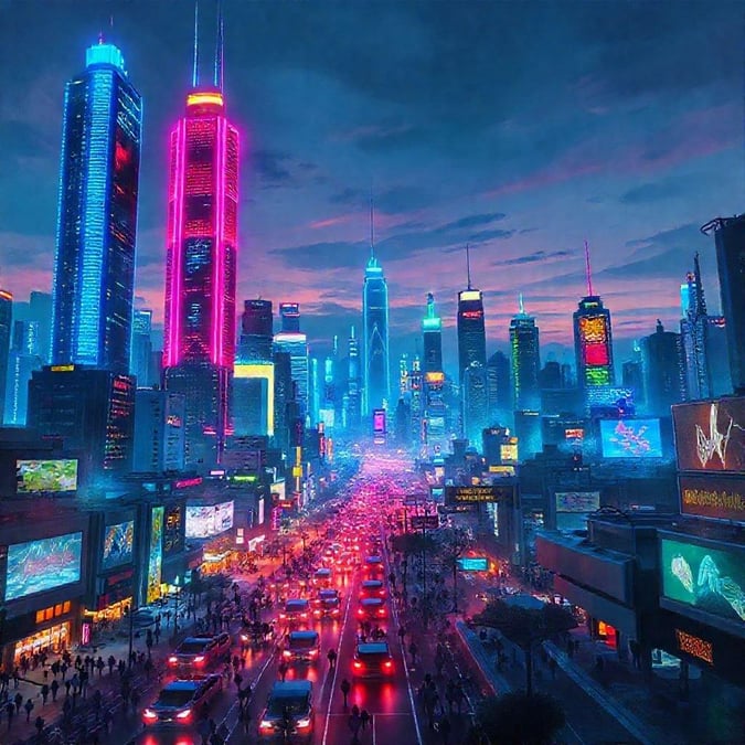 A bustling city skyline glowing with neon lights at dusk.