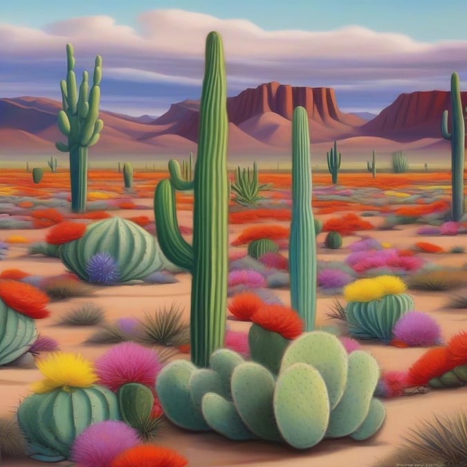 Explore the vibrant flora and serene desert landscape in a stylized artistic rendering.