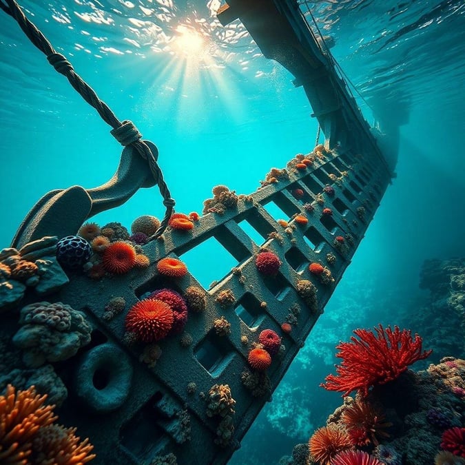 Explore the depths of the ocean with this stunning underwater image. A vibrant coral reef surrounds a sunken boat, creating an artificial reef that attracts marine life.