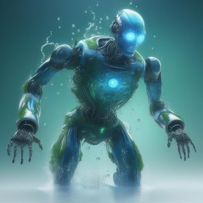 In this captivating image, a robot rises from the depths of the ocean, its metallic body illuminated by an otherworldly glow. The robot's gaze is directed upwards, as if it has just emerged from a long period of dormancy. Its outstretched arms and open hands convey a sense of wonder and curiosity, inviting the viewer to explore the mysteries of the ocean and the secrets it holds.