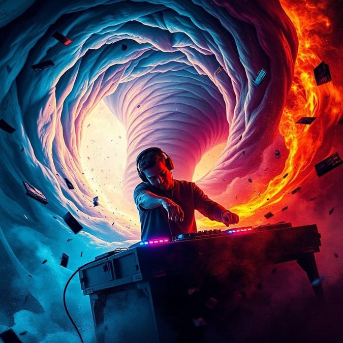 This image is a wallpaper that captures the dynamic energy of a DJ spinning tracks in the midst of a tornado of music. The DJ, dressed in a black shirt and headphones, is surrounded by swirling notes and musical symbols, creating a sense of movement and energy.