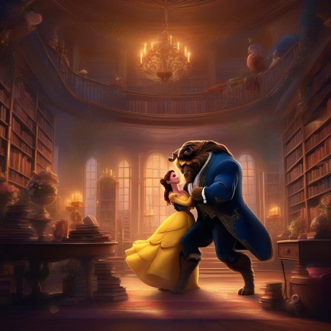 Step into the enchanting world of Disney with this captivating wallpaper featuring Belle and the Beast. The image captures the essence of their iconic dance in the grand library, surrounded by towering bookshelves and warm candlelight. This stunning wallpaper is perfect for fans of the beloved movie and anyone looking to add a touch of magic to their digital space.