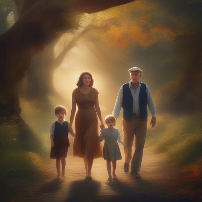 A heartwarming scene of a family walking together down a path in a wooded area on a sunny day, suitable for Father's Day celebrations.