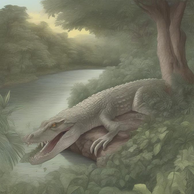 A stunning image of a crocodile in its natural habitat, surrounded by lush greenery and a river in the background. The crocodile is positioned on a rock, with its mouth open, revealing its sharp teeth. The scene is set during the day, with the sun shining through the trees.