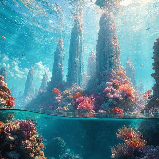 This stunning digital artwork depicts an underwater city, complete with towering skyscrapers and bustling streets. The city is teeming with life, from colorful fish swimming through the streets to sea turtles lazily making their way through the water. The artwork is a beautiful representation of what an underwater city could look like, with its vibrant colors and intricate details.