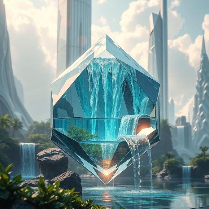 A serene and futuristic landscape featuring a large crystal that reflects a waterfall, creating an ethereal cascade. This wallpaper captures the essence of tranquility and technological beauty.