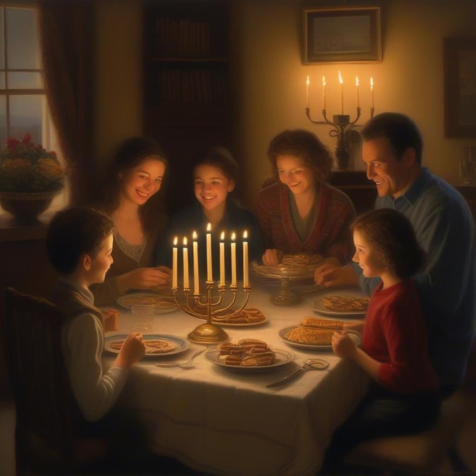 A family comes together to celebrate the joyous occasion of Hanukkah, surrounded by the warm glow of candles and the festive atmosphere of the holiday.