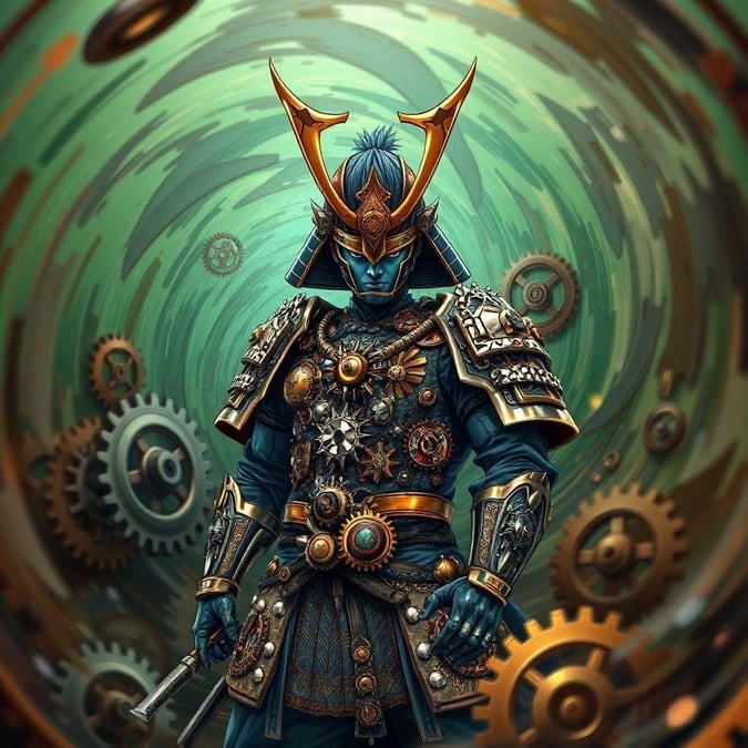 Valmistaudu lähtemään eeppiselle seikkailulle tämän upean steampunk-samurai-soturin taustakuvan kanssa. Monimutkaiset yksityiskohdat ja kirkkaat värit vievät sinut fantasiamaailmaan ja seikkailuun.