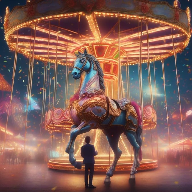 An enchanting night at the carnival, featuring an otherworldly unicorn on a golden chariot. Magical fairy dust adds to the whimsical atmosphere.