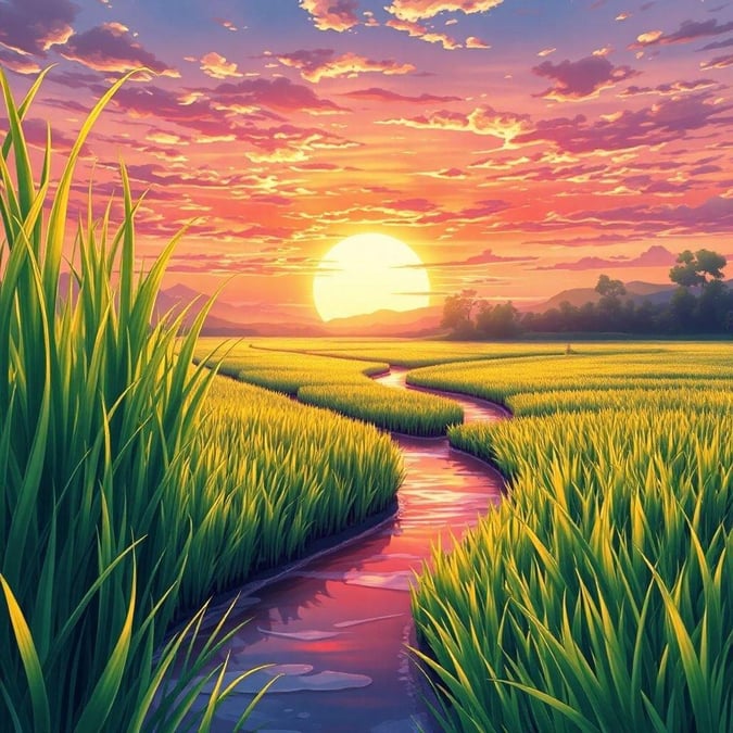 A serene anime-style landscape painting of a lush green field of rice plants, with a winding river, and a vibrant sunset sky.