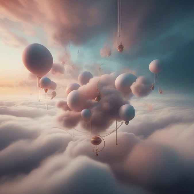 Explore the fantastical abyssal dreamscape, where balloons are caught in a whimsical floating city. This 3D art piece showcases a surreal and colorful world that defies gravity and reality.