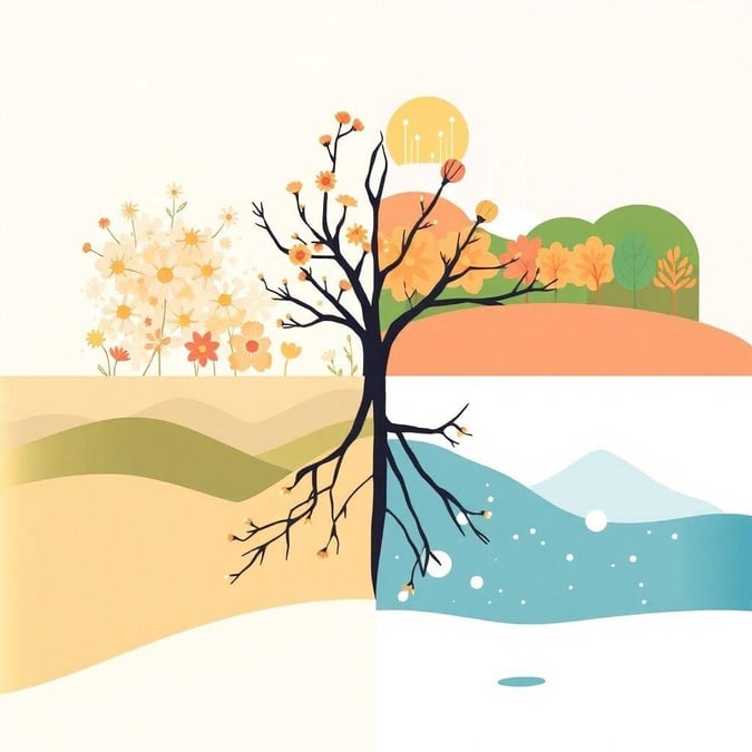 A minimalist depiction of the four seasons, each represented by a single branch extending from a central trunk. Each season is distinct but harmoniously connected through the tree, symbolizing unity and change throughout the year.