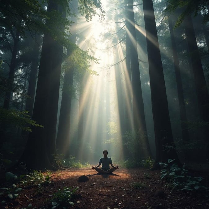 Embrace tranquility and mindfulness amidst the natural beauty of a forest path, with the warmth of sunbeams filtering through the canopy overhead.