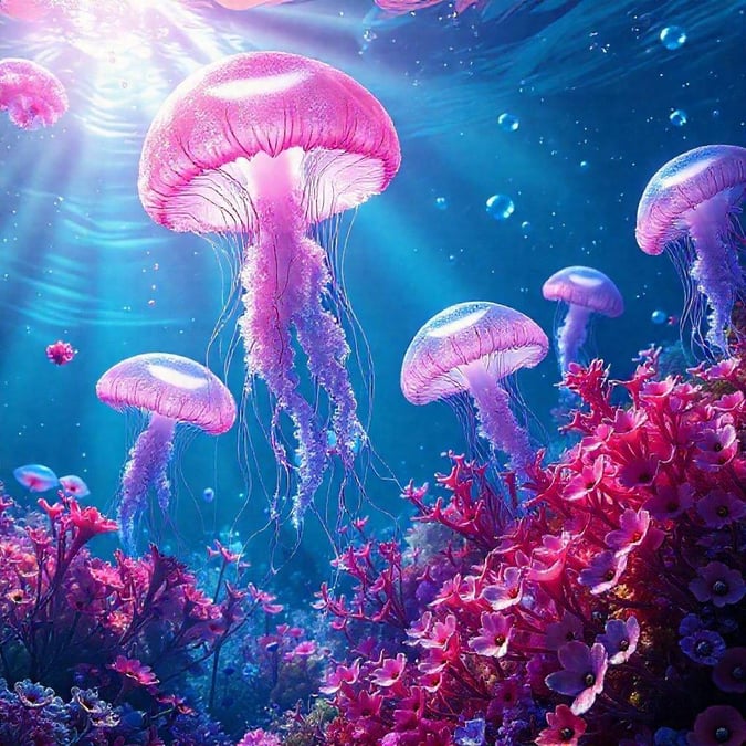 This stunning wallpaper showcases a vibrant underwater scene, featuring a school of jellyfish swimming gracefully in the ocean. The image is perfect for desktop and mobile use, offering a serene and captivating visual experience.