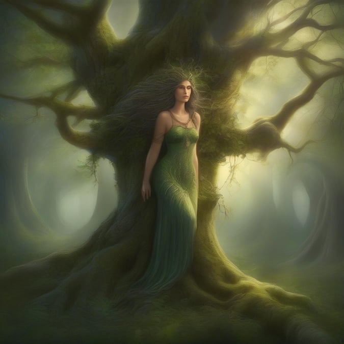 A mystical enchantress embraces the heart of a magical forest, her ethereal beauty captivates all who gaze upon her.