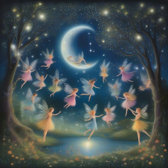 A whimsical scene of fairies dancing beneath the moonlight, painted in a fantastical style with rich colors and magical realism.