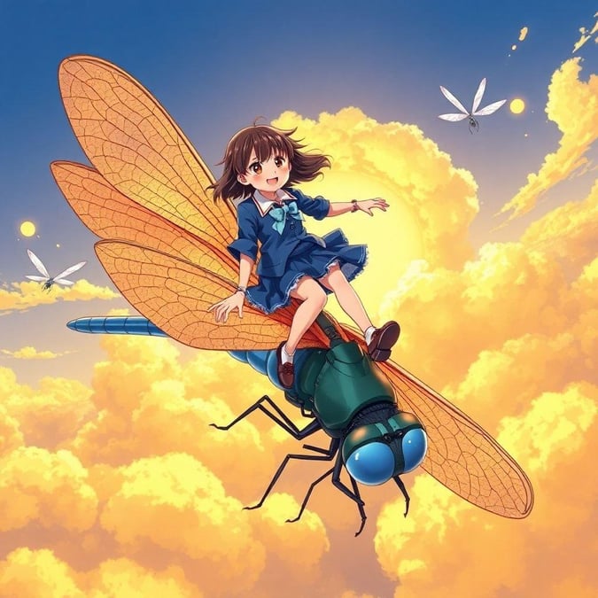 Rejoignez une jeune héroïne d'anime dans une aventure palpitante avec une gigantesque libellule dans un ciel vibrant et rempli de nuages.