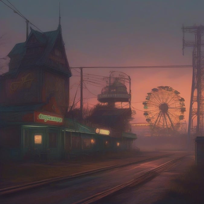 This image is a wallpaper for desktop and mobile use, and it's under the category of 'Halloween'. It depicts a spooky and eerie scene with a Ferris wheel, a building, and a road.