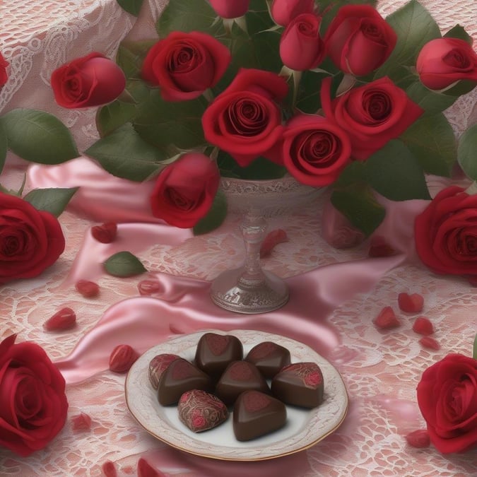 This beautiful wallpaper captures the essence of Valentine's Day with a stunning arrangement of red roses and decadent chocolates.