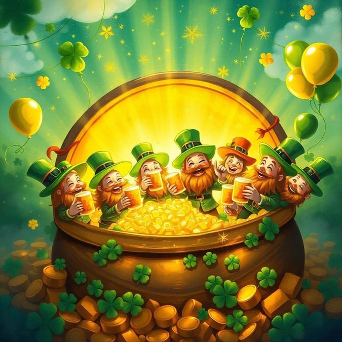 Celebrate St. Patrick’s Day with this festive wallpaper featuring leprechauns enjoying a beer in a pot of gold. The image is perfect for anyone looking to add a touch of Irish luck and charm to their desktop or mobile device.