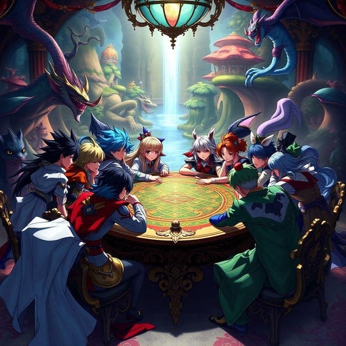 An enchanting scene featuring your favorite anime characters gathered around a table, ready for their magical adventure.